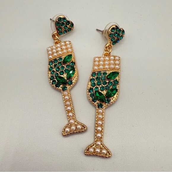 Elegant Green Rhinestone and Faux Pearl Studded Drink Earrings - Picture 7 of 7